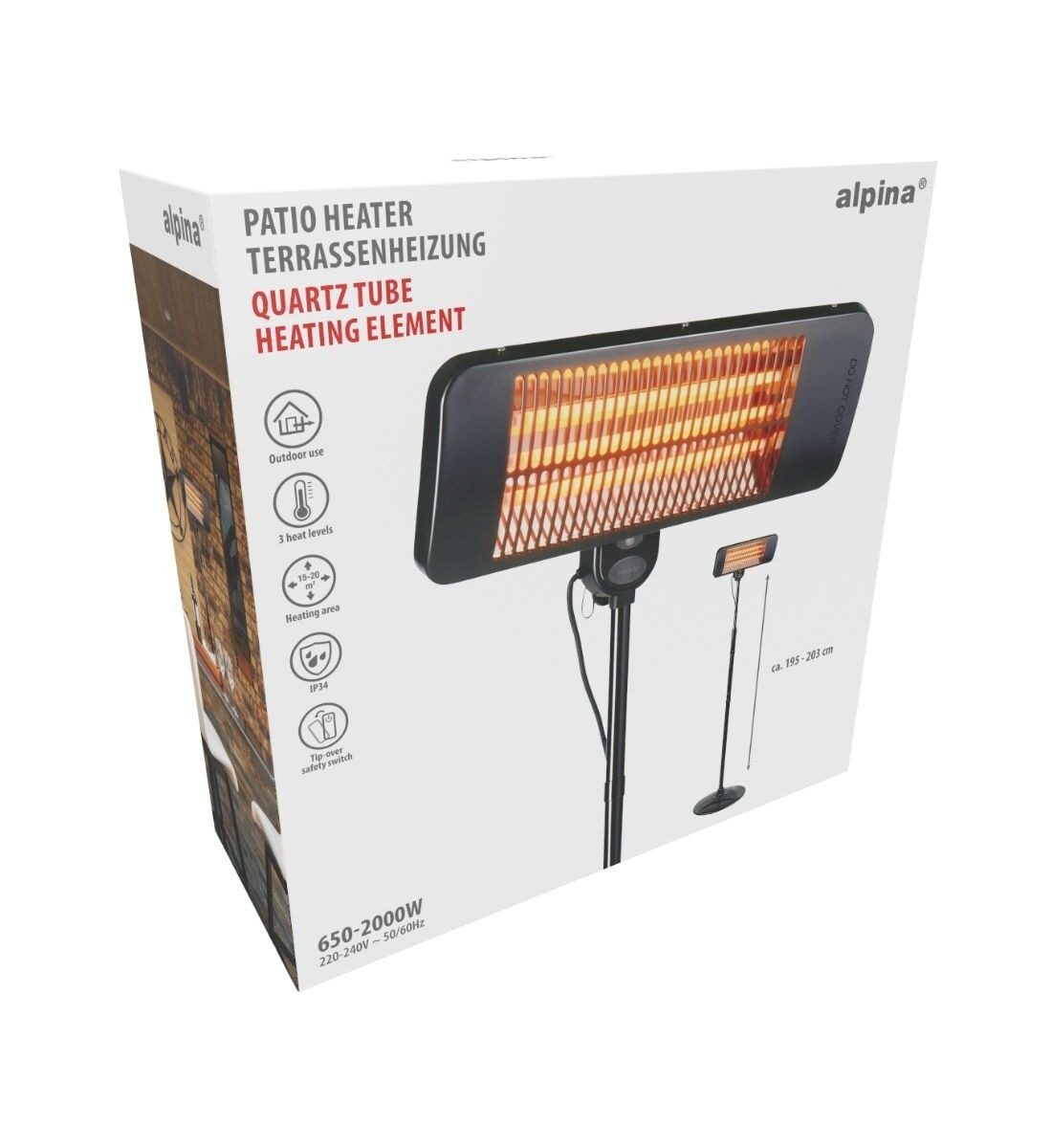 Alpina álló teraszmelegítő 650–2000W – kültéri hősugárzó 195 cm