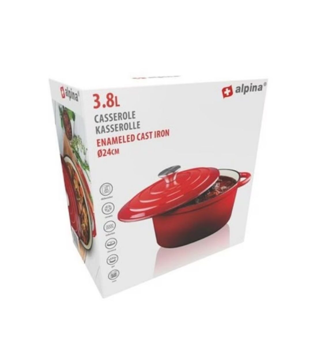 Alpina öntöttvas lábas fedővel 3,8L – zománcozott casserole edény (24 cm, piros)