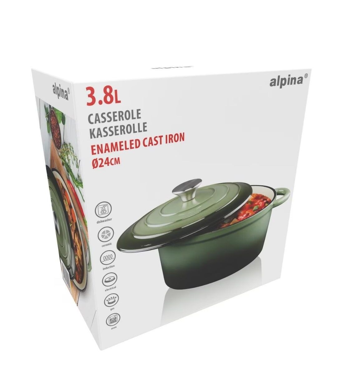 Alpina öntöttvas lábas fedővel 3,8L – zománcozott casserole edény (24 cm, zöld)