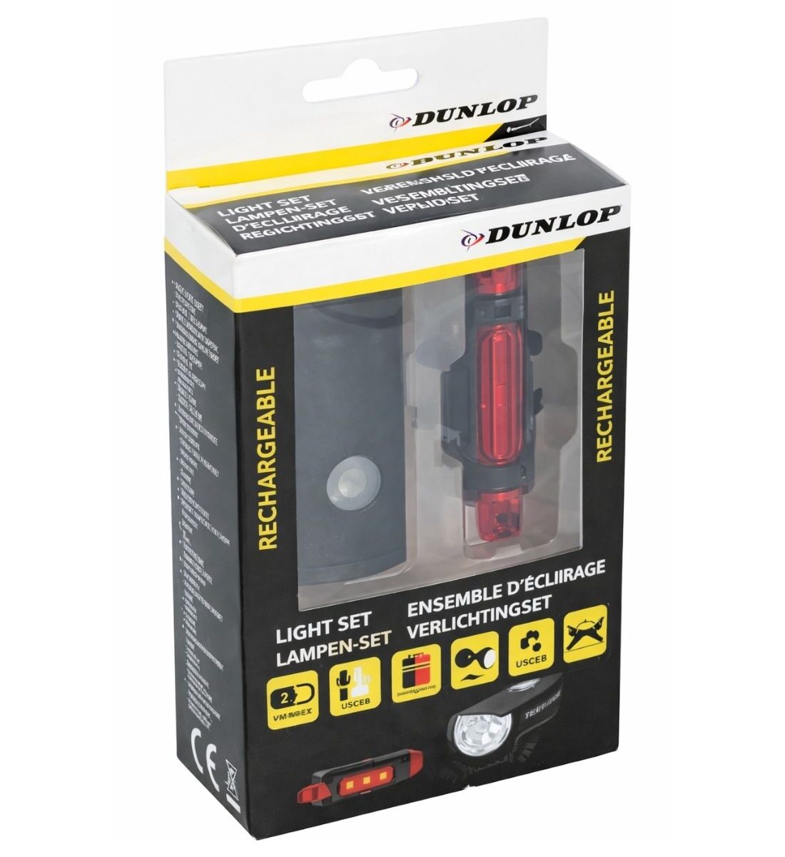 Dunlop kerékpár lámpa szett első/hátsó USB tölthető – 500/240 mAh